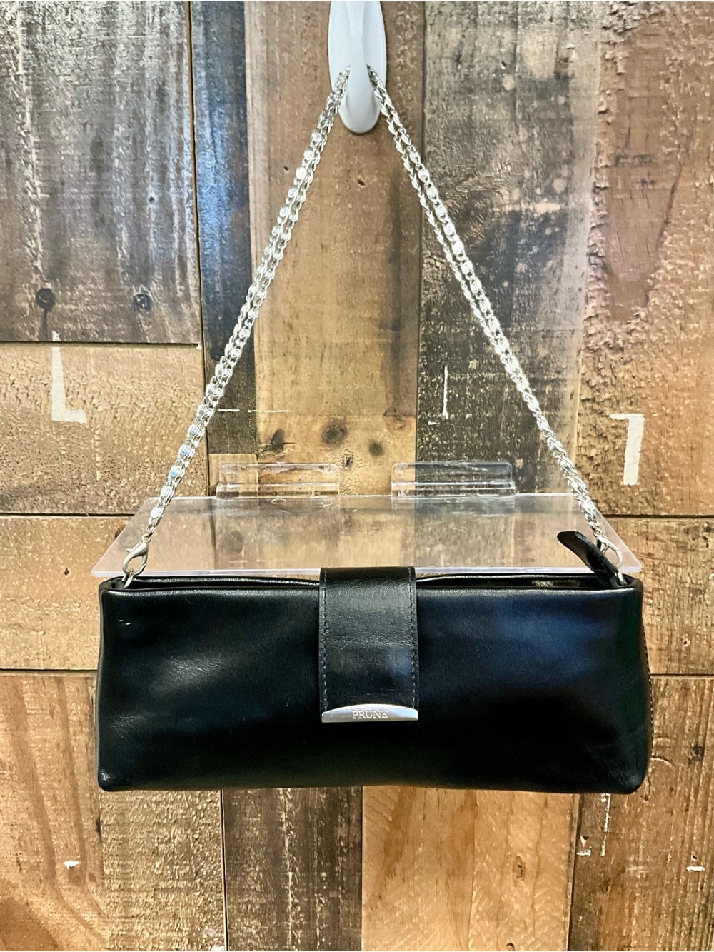 Prune Black Leather Chain-Handle Clutch with Silver Hardware